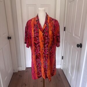 Vtg 90s 100% Silk Top Oversized Sz Small Tropical Floral Print Blouse Camp Shirt